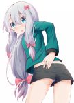  1girl ass blue_eyes blush eromanga_sensei highres hiro_(pqtks113) izumi_sagiri long_hair long_sleeves looking_back low-tied_long_hair open_mouth panties pantyshot pantyshot_(standing) shorts standing striped striped_panties tagme underwear white_background white_hair 