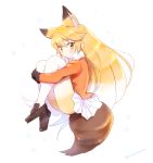  1girl :| animal_ears blazer blonde_hair blush bow brown_footwear brown_gloves brown_shoes closed_mouth expressionless extra_ears eyebrows_visible_through_hair eyelashes ezo_red_fox_(kemono_friends) fetal_position floating floating_hair fox_ears fox_tail from_side full_body fur-trimmed_sleeves fur_trim gloves gradient_hair gradient_legwear hair_between_eyes hands_clasped highres jacket kemono_friends knees_up leg_hug loafers long_hair long_sleeves looking_at_viewer multicolored multicolored_clothes multicolored_hair multicolored_legwear orange_jacket own_hands_together pantyhose pleated_skirt pocket scarf shoes skirt snowflake_background snowflakes solo tail tsurime twitter_username two-tone_hair two-tone_legwear very_long_hair white_bow white_hair white_legwear white_scarf white_skirt yellow_eyes yellow_legwear yukimi_park 