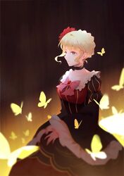  1girl beatrice blonde_hair blue_eyes bow butterfly choker dress flower hair_bun hair_flower hair_ornament smile umineko_no_naku_koro_ni vienri wide_sleeves 