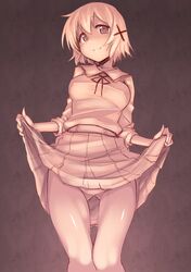  1girl breasts brown closed_mouth do_(taka) gluteal_fold hair_ornament hidamari_sketch highres medium_breasts monochrome panties pleated_skirt skirt skirt_lift smile solo thigh_gap underwear x_hair_ornament yuno 