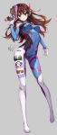 1girl 2017 animal_print arm_at_side artist_name bangs blue_bodysuit bodysuit boots bracer breasts breasts_apart brown_eyes brown_hair bunny_print charm_(object) covered_navel cowboy_shot d.va_(overwatch) dated emblem eyebrows_visible_through_hair facepaint facial_mark full_body gloves grey_background gun hair_between_eyes hand_up handgun headphones holding holding_gun holding_weapon legs_apart logo long_hair looking_at_viewer medium_breasts overwatch parted_lips pauldrons pilot_suit pink_lips pinkori ribbed_bodysuit shoulder_pads signature simple_background skin_tight solo standing thigh-highs thigh_boots thigh_strap turtleneck weapon whisker_markings white_boots white_gloves 