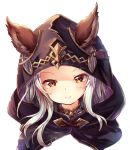  1girl animal_ears blush granblue_fantasy hood long_hair looking_at_viewer silver_hair simple_background sitting skasaha_(granblue_fantasy) smile solo sorairo_len upper_body white_background yellow_eyes 