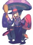  1girl belt bottle broom commentary dress giant_mushroom hair_over_one_eye half-closed_eyes hat little_witch_academia long_dress long_hair mushroom peroncho robe sucy_manbavaran white_background witch witch_hat 