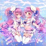  2girls blush breasts cleavage crop_top grace_(sound_voltex) hat high_heels highres long_hair midriff miniskirt multiple_girls navel open_mouth outstretched_hand pink_eyes pink_hair ponytail rasis shirt shoes skirt smile sound_voltex thigh-highs underwater very_long_hair white_legwear white_shirt white_skirt 