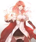  1girl bare_shoulders cape celica_(fire_emblem) earrings fingerless_gloves fire fire_emblem fire_emblem_echoes:_mou_hitori_no_eiyuuou gloves hairband iriya_(lonesome) jewelry red_eyes redhead skirt thigh-highs 