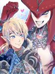  2boys armor blonde_hair blue_eyes fins fishman forehead_jewel heart heart-shaped_pupils jewelry link monster_boy multiple_boys pointy_ears ponytail sharp_teeth sidon smile symbol-shaped_pupils teeth the_legend_of_zelda the_legend_of_zelda:_breath_of_the_wild yaoi yellow_eyes zora 