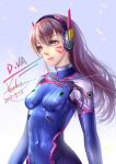  1girl animal_print artist_name bangs blue_bodysuit blue_sky bodysuit breasts brown_eyes brown_hair bunny_print character_name covered_navel d.va_(overwatch) dated day embers eyebrows_visible_through_hair eyelashes facepaint facial_mark hair_between_eyes headphones high_collar highres light_smile long_hair outdoors overwatch pilot_suit pink_lips ribbed_bodysuit shiny shiny_clothes shoulder_pads signature skin_tight sky small_breasts solo swept_bangs upper_body whisker_markings wind yuanchuang 