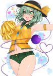  1girl :d adapted_costume armlet armpits bare_shoulders black_hat blush breasts cheering cowboy_shot eyeball green_eyes green_hair green_shorts hair_between_eyes hat hat_ribbon heart heart_of_string highres komeiji_koishi looking_at_viewer navel open_mouth pom_poms ribbon roki_(hirokix) shirt short_shorts shorts sleeveless sleeveless_shirt small_breasts smile solo stomach sweat third_eye touhou yellow_ribbon yellow_shirt 