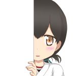  1girl bangs black_hair brown_eyes folded_ponytail japanese_clothes kantai_collection kasuga_maru_(kantai_collection) long_hair looking_at_viewer nagineko no_gloves open_mouth peeking_out short_hair simple_background solo transparent_background upper_body 