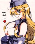  1girl blonde_hair blue_eyes breasts cleavage elbow_gloves english fingerless_gloves front-tie_top gloves hair_between_eyes highres iowa_(kantai_collection) kantai_collection kusanagi_tonbo large_breasts looking_at_viewer profile simple_background solo star star-shaped_pupils symbol-shaped_pupils upper_body white_background 