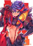  1girl blue_eyes breasts hand_on_hip kill_la_kill matoi_ryuuko mikoyan multicolored_hair navel scissor_blade senketsu simple_background under_boob white_background 