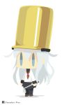  1girl chameleon_man_(three) chibi commentary flat_color hibiki_(kantai_collection) kantai_collection ladle long_hair neckerchief no_mouth parody pleated_skirt pot_on_head school_uniform serafuku silver_hair simple_background skirt solo standing very_long_hair white_background 