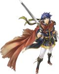  1boy arm_guards artist_request belt blue_eyes blue_hair boots cape fingerless_gloves fire_emblem fire_emblem:_souen_no_kiseki full_body gloves headband highres holding holding_weapon ike knee_boots looking_at_viewer looking_up male_focus official_art pants short_hair short_sleeves solo sword transparent_background weapon 