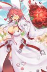  1girl ;d between_breasts blue_eyes blush bouquet breasts cleavage clouds clover dress earrings elphelt_valentine flower food four-leaf_clover fruit guilty_gear guilty_gear_xrd hairband heart highres jewelry large_breasts magister_(medical_whiskey) one_eye_closed open_mouth petals rose short_hair shotgun_shells sky smile solo spikes strawberry thigh-highs 