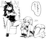  animal_ears antlers bow crossed_arms eromanga_sensei fukushima_masayasu hair_between_eyes hair_bow izumi_sagiri kemono_friends long_hair long_sleeves low-tied_long_hair monochrome moose_(kemono_friends) moose_ears multiple_girls open_mouth pajamas panties pleated_skirt shirt skirt spread_legs stylus tablet translation_request underwear 