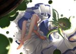  1girl absurdres apple ass backlighting bangs bare_legs barefoot basket blue_skirt blurry blush breasts commentary_request depth_of_field detached_sleeves eyebrows_visible_through_hair food foreshortening from_side fruit full_body green_eyes green_hair hair_ornament highres kochiya_sanae long_hair long_skirt long_sleeves looking_at_viewer looking_to_the_side medium_breasts midair namatyaba navel outstretched_arm petticoat simple_background skirt snake_hair_ornament solo stomach touhou upskirt very_long_hair vest white_background white_vest wide_sleeves 