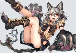  1girl animal_ears bangs black_skirt boots brown_boots claw_(weapon) claws collar erun_(granblue_fantasy) fangs granblue_fantasy grey_background hair_between_eyes kaida_michi legs_up long_hair looking_at_viewer miniskirt navel open_mouth pleated_skirt red_eyes sen_(granblue_fantasy) silver_hair simple_background skirt solo teeth weapon 