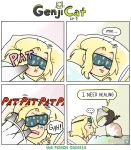  ... 1girl animalization blonde_hair cat comic english genji_(overwatch) mercy_(overwatch) overwatch pigeoneer_jane scratches sleep_mask 