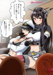  black_gloves black_hair blush bra breasts brown_hair cleavage elbow_gloves female_admiral_(kantai_collection) fingerless_gloves folded_ponytail food gloves headgear ice_cream ikazuchi_(kantai_collection) inazuma_(kantai_collection) kantai_collection kuro_abamu large_breasts long_hair miniskirt mouth_hold multiple_girls nagato_(kantai_collection) red_eyes remodel_(kantai_collection) short_hair skirt translation_request twitter_username underwear 