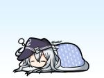  1girl anchor_print chibi flat_cap futon hair_between_eyes hat hibiki_(kantai_collection) kantai_collection long_hair raythalosm silver_hair sleeping solo twitter_username under_covers 