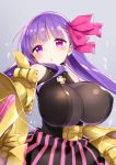  1girl belt black_shirt breasts fate/extra fate/extra_ccc fate_(series) foreshortening impossible_clothes impossible_shirt large_breasts long_hair o-ring open_mouth outstretched_arm passion_lip purple_hair ribbon shirt skirt sleeveless sleeveless_shirt solo tousaki_shiina upper_body very_long_hair violet_eyes 