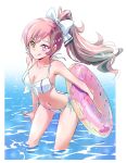  1girl bikini bow breasts brown_eyes brown_hair cleavage commentary doughnut food hair_bow hair_ribbon heterochromia iesupa innertube long_hair looking_at_viewer medium_breasts multicolored_hair navel neo_(rwby) pink_eyes pink_hair ponytail rwby smile solo standing swimsuit tongue tongue_out transparent water 