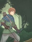  1boy arrow belt bow_(weapon) brown_eyes brown_hair capelet forest gloves green_shirt holding holding_weapon nature original peroncho quiver shirt weapon 