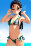  1girl :d aqua_ribbon armpits arms_up bare_arms bare_shoulders bikini black_hair blue_sky blush body_blush breasts collarbone commentary_request cowboy_shot day floral_print green_eyes hair_slicked_back highres lens_flare long_hair looking_at_viewer matsunaga_kouyou navel open_mouth original outdoors ribbon side-tie_bikini sky small_breasts smile solo standing stomach string_bikini swimsuit tareme water 