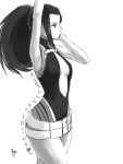  1girl 2015 armpits arms_up belt beltskirt boku_no_hero_academia breasts center_opening copyright_name dated dress expressionless from_side greyscale halterneck high_ponytail hips kumada_janbo long_hair looking_to_the_side medium_breasts midriff monochrome multiple_belts no_bra ponytail profile short_dress sideboob sidelocks signature simple_background sleeveless solo turtleneck white_background yaoyorozu_momo 