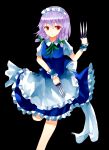  &gt;:( 1girl apron bangs black_background blue_dress bow braid breasts closed_mouth cowboy_shot dress dual_wielding frilled_dress frills green_bow green_ribbon hair_bow holding holding_knife izayoi_sakuya knife knives_between_fingers looking_at_viewer maid maid_headdress neck_ribbon puffy_short_sleeves puffy_sleeves red_eyes ribbon sakipsakip short_sleeves solo touhou twin_braids waist_apron wrist_cuffs 