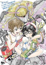  2girls a107 announcement_celebration atom:_the_beginning black_hair blonde_hair brown_hair camisole cat dated drumsticks electric_guitar f14 glasses guitar hat imai_toonz instrument keychain keytar looking_at_another multiple_girls music north_(atom:_the_beginning) ochanomizu_ran one_eye_closed playing_instrument plectrum robot sailor_hat school_uniform serafuku short_hair simple_background skirt smile tetsuwan_atom tsutsumi_motoko white_background 