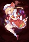  1girl ascot bare_legs blonde_hair blood bloomers finger_to_mouth flandre_scarlet full_body full_moon hat hat_ribbon long_hair mob_cap moon perri_(mnemosine) puffy_short_sleeves puffy_sleeves red_eyes red_ribbon red_shoes red_skirt ribbon shoes short_sleeves skirt skirt_set socks solo touhou underwear vest white_legwear wings 