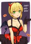  1girl :d arm_garter bangs bare_arms black_choker black_wings blush bow breasts cleavage collarbone commentary_request corset demon_horns demon_tail demon_wings dress eyebrows_visible_through_hair facepaint fake_horns frilled_dress frills gloves gradient gradient_background hairband happy_halloween heart horns idolmaster idolmaster_cinderella_girls jewelry lace lace-trimmed_dress lace-trimmed_gloves lace_trim layered_dress lips looking_at_viewer medium_breasts miyamoto_frederica nekota_chihiro open_mouth pendant purple_background red_bow red_hairband short_hair sleeveless sleeveless_dress smile solo tail wings 