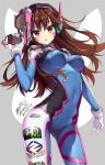  1girl 2017 animal_print arm_at_side artist_name bangs blue_bodysuit bodysuit boots bracer breasts breasts_apart brown_eyes brown_hair bunny_print charm_(object) covered_navel cowboy_shot d.va_(overwatch) dated emblem eyebrows_visible_through_hair facepaint facial_mark gloves gun hair_between_eyes hand_up handgun headphones holding holding_gun holding_weapon legs_apart logo long_hair looking_at_viewer medium_breasts overwatch parted_lips pauldrons pilot_suit pink_lips pinkori ribbed_bodysuit shoulder_pads signature skin_tight solo standing thigh-highs thigh_boots thigh_strap turtleneck weapon whisker_markings white_boots white_gloves 