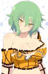  1girl bare_shoulders breasts cleavage closed_mouth collarbone crop_top green_hair hair_between_eyes head_tilt highres hikage_(senran_kagura) ichiryuu_tsumiki large_breasts looking_at_viewer senran_kagura senran_kagura_(series) short_hair slit_pupils solo tattoo torn_clothes upper_body yellow_eyes 