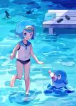  1girl barefoot blue_eyes blue_hair hairband mei_(maysroom) open_mouth pier pokemon pokemon_(creature) pokemon_(game) pokemon_sm popplio sandals sandals_removed shirt short_hair sleeveless sleeveless_shirt suiren_(pokemon) swimsuit swimsuit_under_clothes trial_captain water white_shirt 