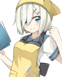  &gt;:) 1girl apron blue_eyes blue_sailor_collar book hair_ornament hair_over_one_eye hairclip hamakaze_(kantai_collection) headdress holding holding_book kantai_collection rateratte school_uniform serafuku short_hair short_sleeves silver_hair simple_background smile solo white_background 