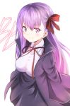  1girl absurdres asymmetrical_bangs bangs bb_(fate/extra_ccc) blush breasts brown_ribbon character_name closed_mouth eyebrows_visible_through_hair fate/extra fate/extra_ccc fate_(series) hair_ribbon highres large_breasts long_hair looking_at_viewer purple_hair ribbon shibakame_(917narto8537) simple_background smile solo underbust violet_eyes white_background 