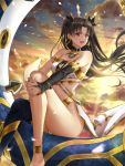  &gt;:d 1girl :d anklet arm_warmers armlet backlighting bangs bare_legs bare_shoulders barefoot black_hair black_legwear clouds collarbone detached_collar earrings fate_(series) fingernails floating_hair hands_clasped highres hoop_earrings ishtar_(fate/grand_order) jewelry k_ryo knee_up light_rays long_hair looking_at_viewer morning navel open_mouth outdoors parted_bangs petals red_eyes revealing_clothes single_thighhigh sitting sketch sky smile solo star_(sky) starry_sky sunbeam sunlight thigh-highs thighs tiara tohsaka_rin very_long_hair waist_cape wind 