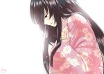  1girl artist_name black_hair floral_print half-closed_eyes hand_on_own_chest hime_cut houraisan_kaguya long_hair mana_(gooney) signature simple_background solo tears touhou very_long_hair white_background wide_sleeves 