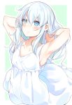  1girl alternate_costume armpits bare_arms blue_eyes collarbone dress eyebrows_visible_through_hair hair_between_eyes hand_in_hair hibiki_(kantai_collection) highres kantai_collection long_hair silver_hair sleeveless sleeveless_dress solo tsunekichi white_border white_dress 