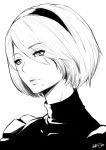 1girl bangs eyebrows_visible_through_hair hairband lineart mole mole_under_mouth monochrome nanahime_(aoi) nier_(series) nier_automata parted_lips short_hair signature simple_background solo white_background yorha_no._2_type_b 