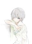  1boy androgynous bangs blue_eyes bottle collarbone eyebrows_visible_through_hair grey_hair holding holding_bottle looking_at_viewer lpip male_focus one_eye_closed original parted_lips shirt short_sleeves sketch solo upper_body 