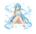  1girl :d asuna_(sao-alo) barefoot bikini blue_eyes blue_hair breasts cleavage collarbone flower food frilled_bikini frills full_body hair_flower hair_ornament holding holding_food ice_cream jewelry long_hair looking_at_viewer medium_breasts necklace open_mouth pointy_ears simple_background sitting smile solo striped striped_bikini swimsuit sword_art_online very_long_hair white_background white_flower 