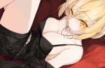  1girl black_dress black_shorts blonde_hair blush braid breasts cleavage collarbone commentary_request dress erect_nipples fate/grand_order fate_(series) french_braid gothic_lolita hair_between_eyes highres large_breasts lips lolita_fashion long_hair lying on_back parted_lips saber saber_alter shorts strap_slip yellow_eyes zhengda200808 