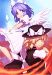 &gt;:) 2girls black_dress blonde_hair blush bow closed_mouth dress feathered_wings fedora hair_bow hat hat_bow kaiza_(rider000) looking_at_viewer mai_(touhou) multiple_girls puffy_short_sleeves puffy_sleeves purple_hair short_hair short_sleeves smile touhou touhou_(pc-98) violet_eyes white_bow white_dress white_wings wings yellow_eyes yuki_(touhou) 