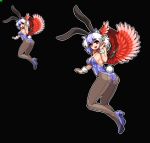  1girl animal_ears breasts bunnysuit head_wings horns large_breasts looking_at_viewer multicolored_hair open_mouth pixel_art rabbit_ears red_eyes simple_background smile takorin tokiko_(touhou) touhou wings 