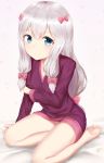  1girl bangs bare_legs barefoot bed_sheet blue_eyes bow breasts cleavage closed_mouth collarbone commentary_request eromanga_sensei eyebrows_visible_through_hair hair_bow hand_on_own_arm highres izumi_sagiri long_hair long_sleeves looking_at_viewer low-tied_long_hair nenosame_(nenosame5_) panties pantyshot pantyshot_(sitting) pink_bow purple_sweater sidelocks silver_hair simple_background sitting small_breasts smile solo tareme underwear very_long_hair white_background yokozuwari 