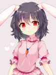  1girl animal_ears black_hair blush carrot eyebrows_visible_through_hair grey_background heart inaba_tewi jewelry looking_at_viewer pendant ponbiki rabbit_ears red_eyes short_hair short_sleeves simple_background smile solo touhou 