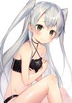  1girl amatsukaze_(kantai_collection) bangs bare_arms bare_legs bare_shoulders black_bra black_panties blush bra closed_mouth criss-cross_halter halterneck highres kantai_collection long_hair looking_at_viewer navel panties parted_bangs shiny shiny_skin shirako_sei silver_hair simple_background sitting solo two_side_up underwear underwear_only very_long_hair white_background yellow_eyes 